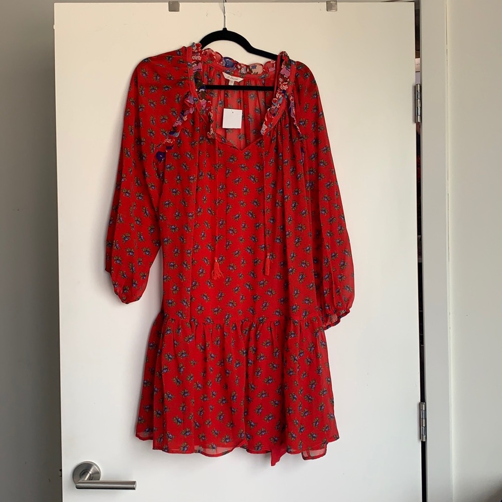 Red floral print drop waist dress